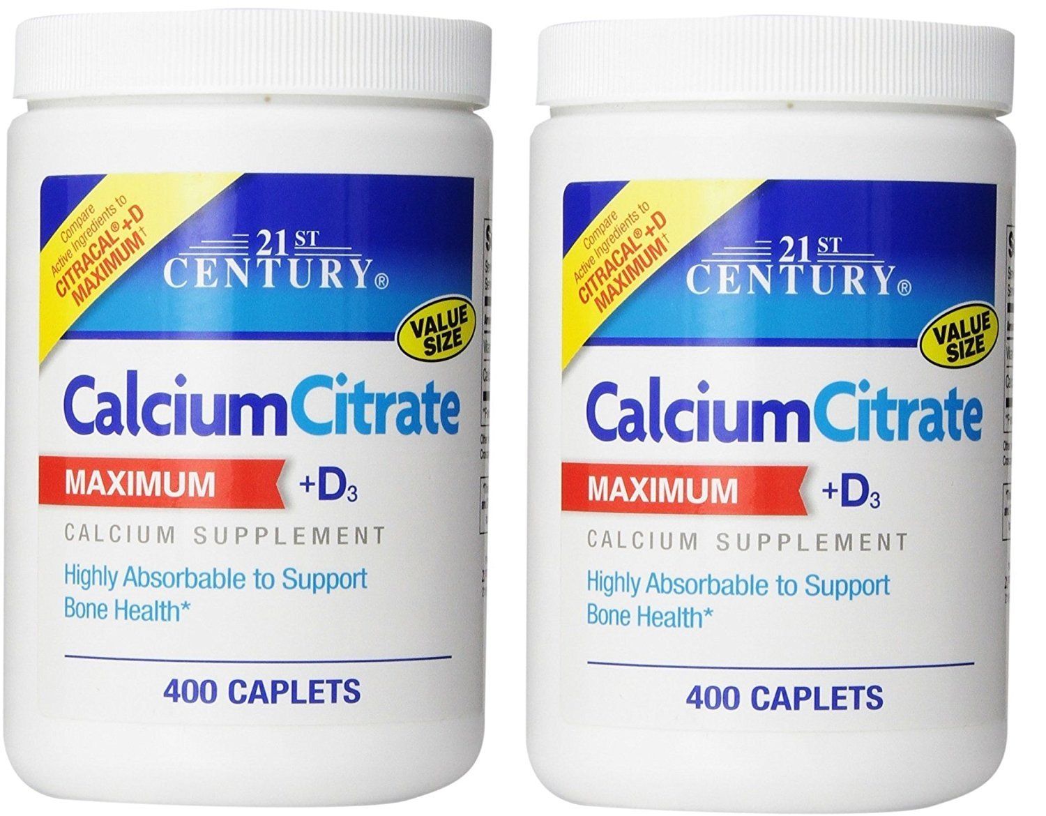 21st Century Calcium Citrate Plus D Maximum Caplets, 400 Count (Pack of 2)