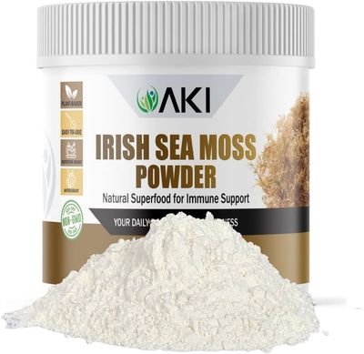 AKI Irish Sea Moss Powder - Rich in 92 Essential Minerals &amp; Vitamins, Including Iodine, Potassium &amp; Magnesium - Ideal for Smoothies &amp; Juices - 100% Vegan, Non-GMO &amp; Supports Wellness (6Oz/170g)