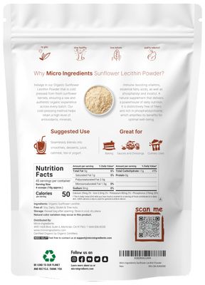Micro Ingredients Organic Sunflower Lecithin Powder, 1 Pound, Sustainable Farmed, Cold Pressed, Rich in Phosphatidyl Choline and Protein, Making Liposomal Vitamin C, Lactation Supplement, Non-GMO