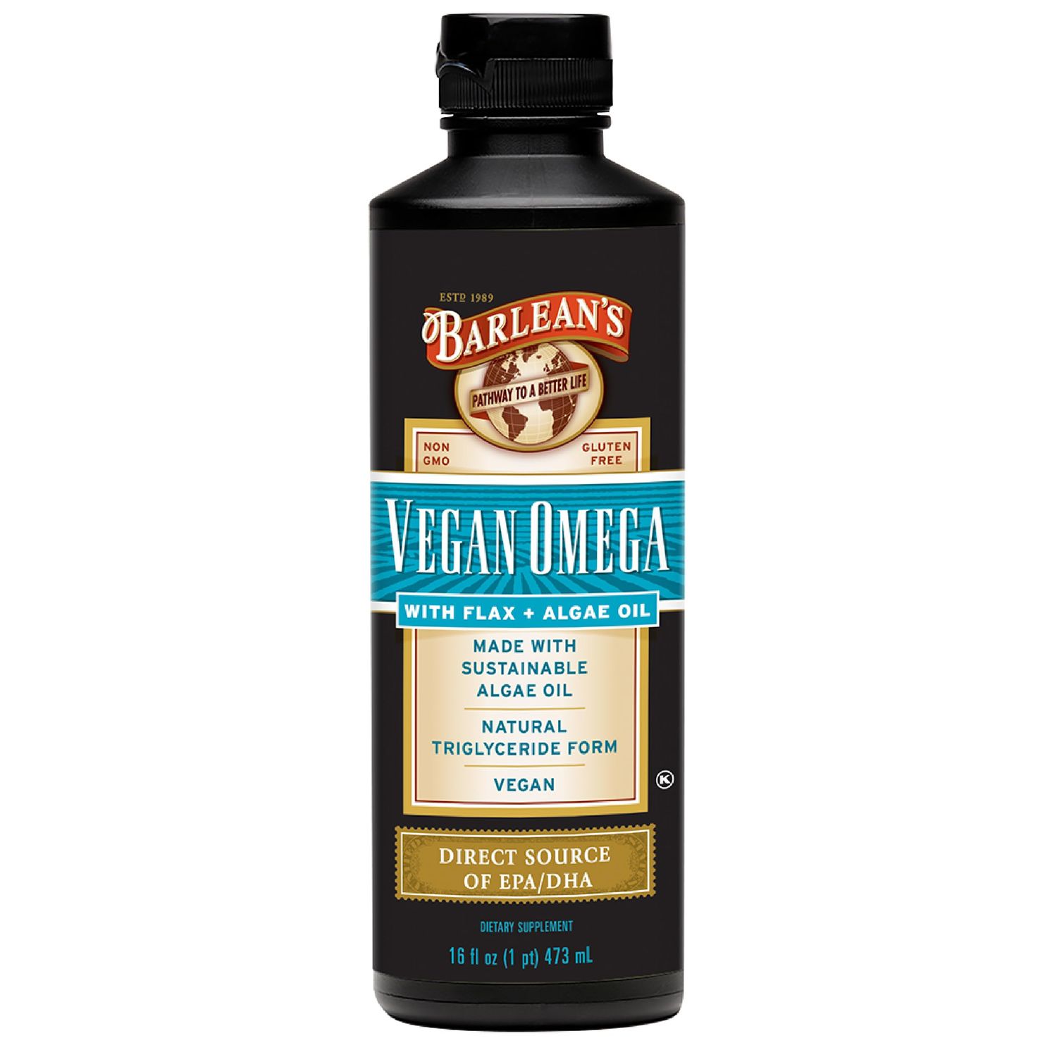 Barlean&#39;s Vegan Omega Liquid Flax and Algae Oil Plant Based EPA DHA Supplement from Algal Oil and Organic Flaxseed, Omegas 3 6 and 9 Fatty Acid Supplements, 16 Ounces