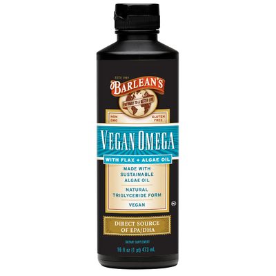 Barlean&#39;s Vegan Omega Liquid Flax and Algae Oil Plant Based EPA DHA Supplement from Algal Oil and Organic Flaxseed, Omegas 3 6 and 9 Fatty Acid Supplements, 16 Ounces
