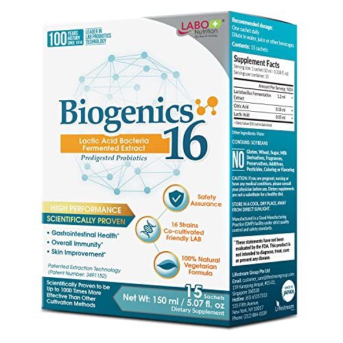 LABO Nutrition Biogenics 16-Lactic Acid Bacteria Fermented Extract, 1000x More Effective, Gut Health Support Beyond Probiotics &amp; Prebiotics, Improve Intestinal Skin and Immune Health, 10mlx15 sachets