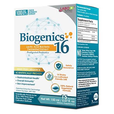 LABO Nutrition Biogenics 16-Lactic Acid Bacteria Fermented Extract, 1000x More Effective, Gut Health Support Beyond Probiotics &amp; Prebiotics, Improve Intestinal Skin and Immune Health, 10mlx15 sachets