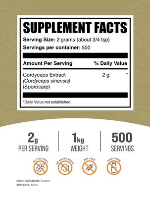 BulkSupplements.com Cordyceps Mushroom Extract Powder - Cordyceps Powder, from Cordyceps Sinensis - Cordyceps Extract, Gluten Free - 2000mg per Serving, 1kg (2.2 lbs) (Pack of 1)