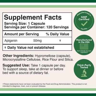 Apigenin Supplement - 50mg per Capsule, 120 Count (Powerful Bioflavonoid Found in Chamomile Tea for Relaxation, Sleep, and Mood) Senolytic Flavonols for Aging (Gluten Free) by Double Wood