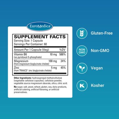 Euromedica Magnesium + P-5-P - 60 Capsules - Bio-Active Vitamin B6 with Magnesium & Zinc - Heart Health, Energy, Metabolism, Mood - Non-GMO, Vegan, Kosher - 60 Servings