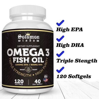 SOLOMON WISDOM Omega 3 Fish Oil - Dietary Supplement for Healthy Heart & Brain - 120 Soft Gel Capsules with High EPA 1200mg & DHA 900mg - Burpless, Odorless with Natural Lemon Flavor