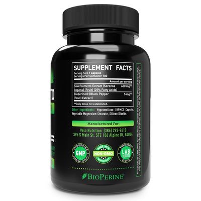 Vela Saw Palmetto Extra Strength High Absorption Supplement Capsules - No Bad Smell - 1 Capsule x Day - 600 mg