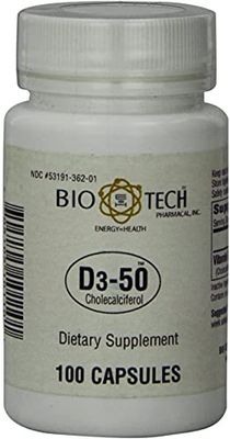 Bio-Tech Pharmacal D3-50 50,000 IU, 100 Capsules  All-Natural Supplement  Supports Bone, Heart Neuromuscular, &amp; Immune Health  No Dairy, Fish, Gluten, Peanut, Shellfish, &amp; Soy