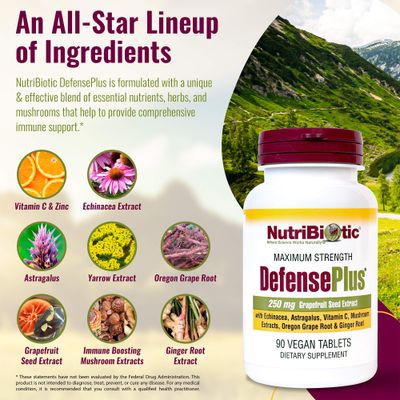 NutriBiotic - DefensePlus, 90 Tablets - 11 in 1 Immune Support with Vitamin C, Zinc, Grapefruit Seed Extract, Echinacea, Astragalus Root & Immune Boosting Extracts & Mushrooms - Vegan & Gluten Free