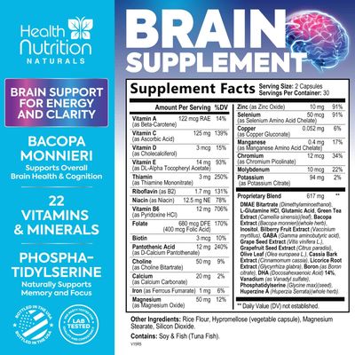 Brain Supplements for Memory and Focus - Nootropic Capsules for Concentration, Cognitive, &amp; Mental Clarity Support, DMAE Bacopa, Phosphatidylserine, Brain Health Vitamins B12, B6, C, E - 60 Count
