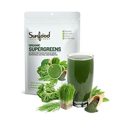 Sunfood Superfoods Super Greens Powder, Organic Green Juice/Smoothie Mix w/Digestive Enzymes &amp; Probiotic for Gut Health, Good Source of Liquid Chlorophyll, Spirulina &amp; Chlorella, 8 oz, 22 Servings