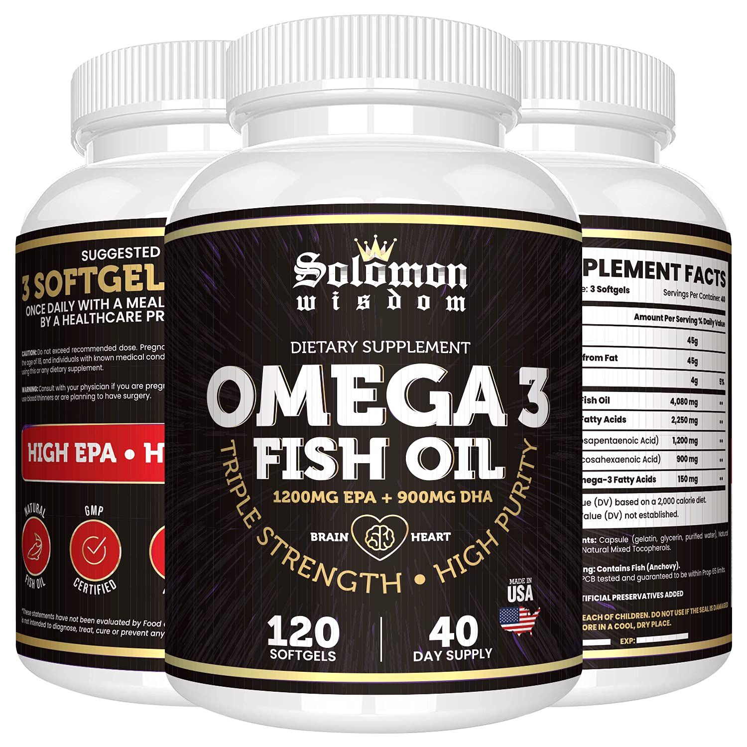 SOLOMON WISDOM Omega 3 Fish Oil - Dietary Supplement for Healthy Heart &amp; Brain - 120 Soft Gel Capsules with High EPA 1200mg &amp; DHA 900mg - Burpless, Odorless with Natural Lemon Flavor