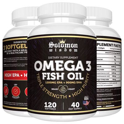 SOLOMON WISDOM Omega 3 Fish Oil - Dietary Supplement for Healthy Heart &amp; Brain - 120 Soft Gel Capsules with High EPA 1200mg &amp; DHA 900mg - Burpless, Odorless with Natural Lemon Flavor