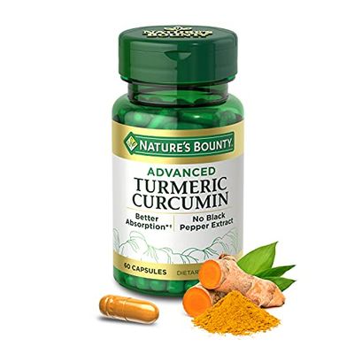 Nature&#39;s Bounty Advanced Turmeric Curcumin provides 750% better absorption without Black Pepper Extract or Bioperine. 60 Count Capsules. 60 Servings.