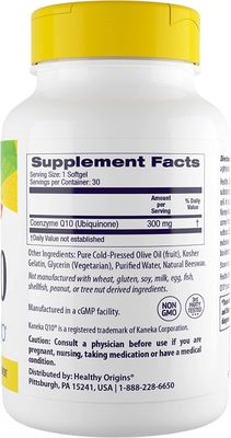 Healthy Origins CoQ10 (Kaneka Q10), 300 mg - Heart Health &amp; Energy Supplement - Gluten-Free &amp; Non-GMO Supplements - 30 Softgels