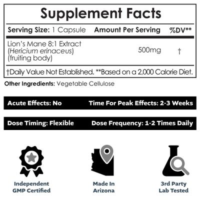Nootropics Depot Lions Mane Mushroom Capsules | 8:1 Whole Fruiting Body Dual Extract | 500mg | 60 Count | Hericium erinaceus