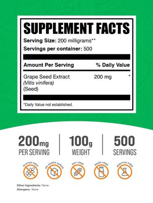 BulkSupplements.com Grape Seed Extract Powder - Grape Seed Extract Supplement, Antioxidant Source - Herbal Supplement, Gluten Free, 200mg per Serving, 100g (3.5 oz) (Pack of 1)