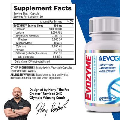 Evogen Evozyme - Premium Digestive Enzyme Support | Aids Digestion, Absorption, & Nutrient Utilization | Protease, Lactase, Amylase | 60 Capsules