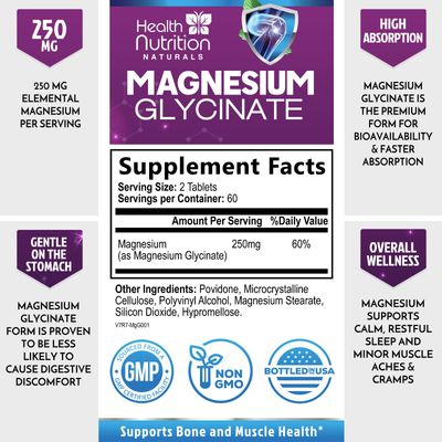 Magnesium Glycinate 250 mg - Natural, High Absorption Magnesium Tablets Chelated for Muscle, Nerve, Bone &amp; Heart Health Support - Gentle Form, Non-GMO, Gluten Free, Vegan Supplement - 120 Tablets