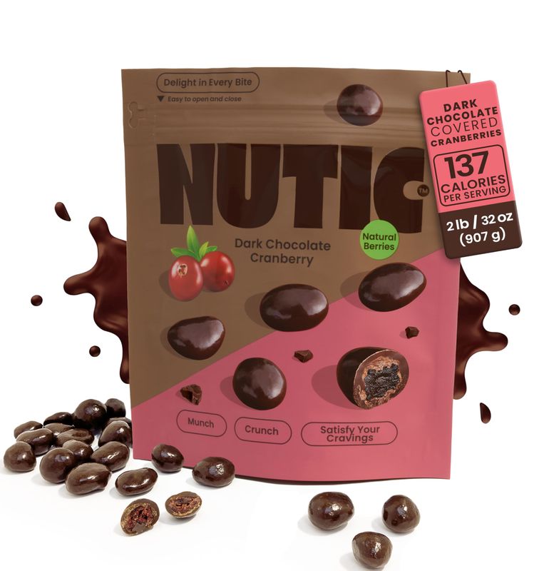 Nutic Dark Chocolate Covered Cranberries - 2LB, Tempting Chocolate-Engulfed Fruit for Holidays and Everyday Treats - Made in the USA - (Pack of 1)