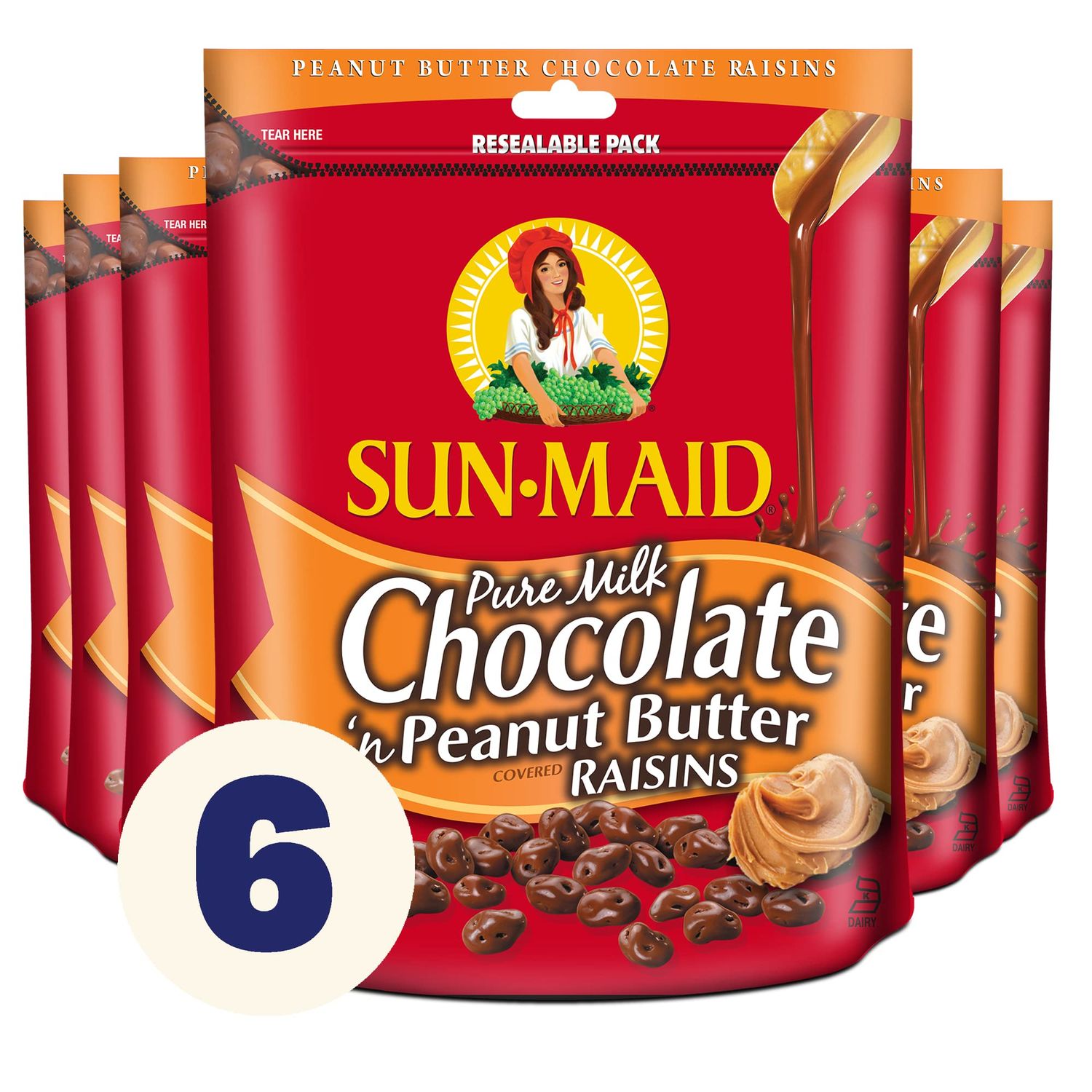 Sun-Maid Chocolate Covered Raisins Snacks, Pure Milk Chocolate &#39;n Peanut Butter Raisins, 7 Ounce (Pack of 6)