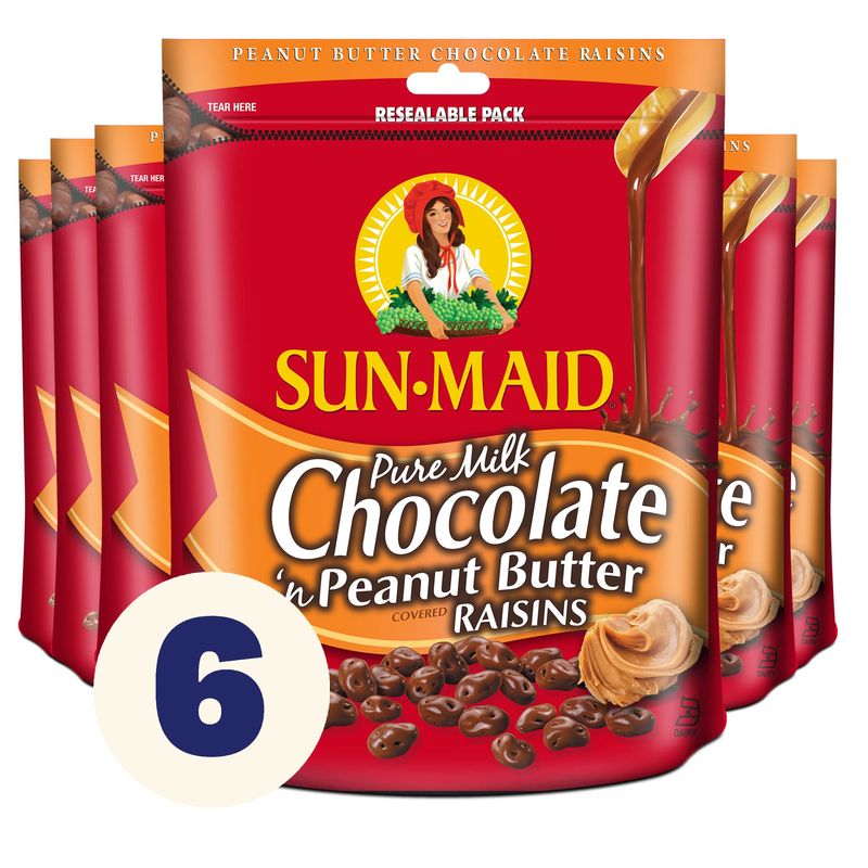 Sun-Maid Chocolate Covered Raisins Snacks, Pure Milk Chocolate 'n Peanut Butter Raisins, 7 Ounce (Pack of 6)