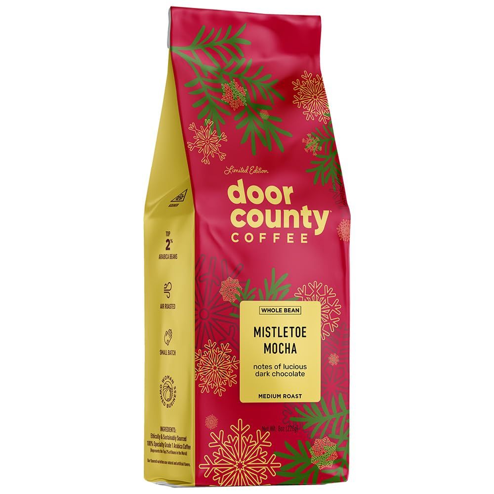 Door County Coffee Mistletoe Mocha Flavored Coffee Whole Bean | 8 oz Bag | Holiday Seasonal Coffee | Medium Roast | 100% Specialty Arabica Coffee | Dark Chocolate Flavored Coffee