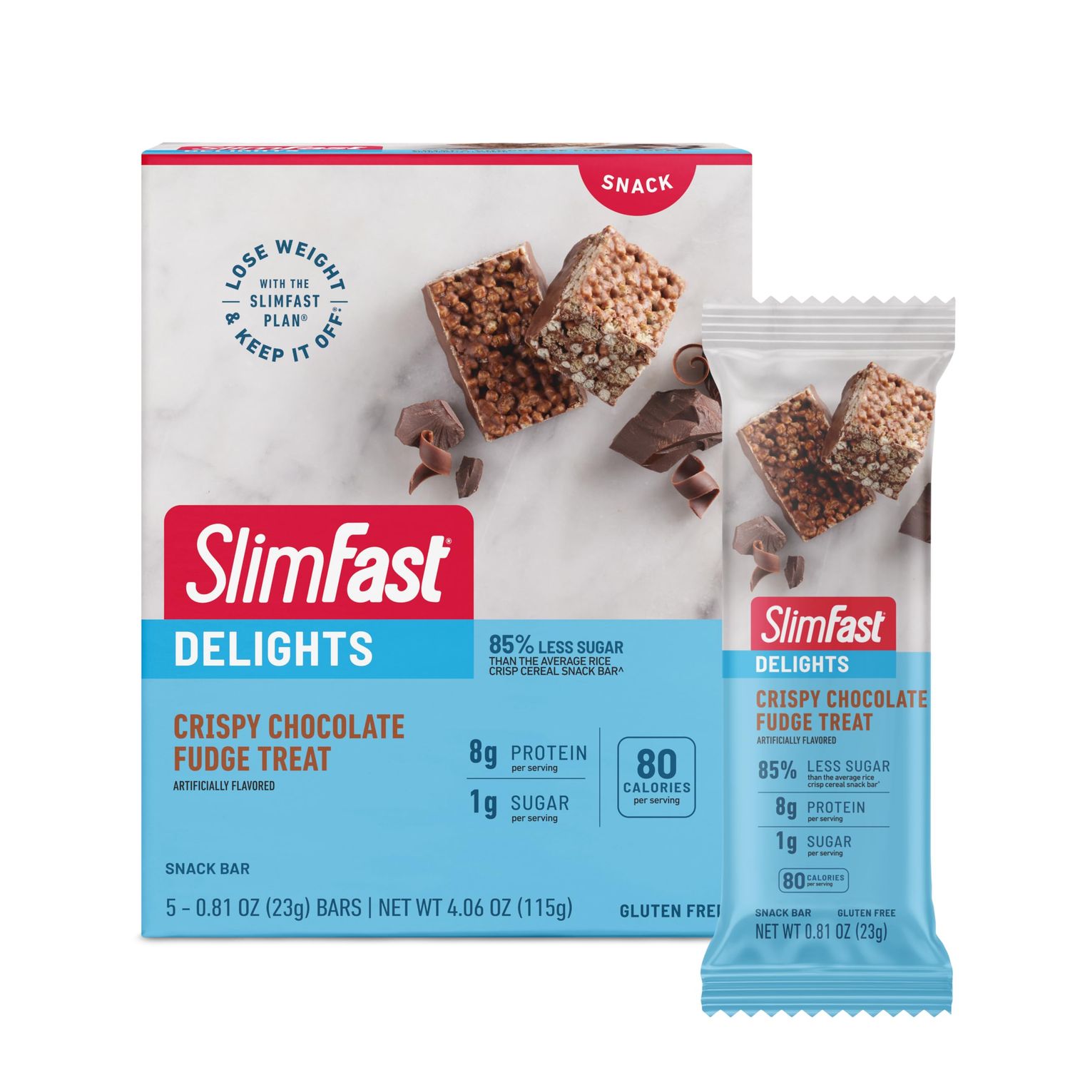 SlimFast Delights Crispy Chocolate Fudge Treat, SlimFast Snack, Chocolate Snack Bar, Chocolate Flavored Crisp Bars, Crisp Bars with Protein, 2g of Net Carbs, 5 Count