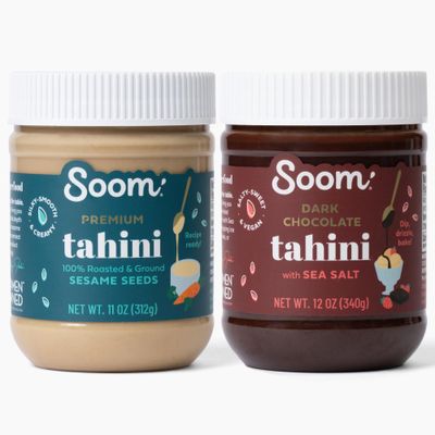 Soom Foods Tahini Two Flavor Sampler: (1) Premium Sesame Tahini 11oz and (1) Dark Chocolate Sea Salt Tahini 12oz | Silky Smooth Texture in Hummus, Dips, Baked Goods | Vegan, Nut-Free, Gluten-Free
