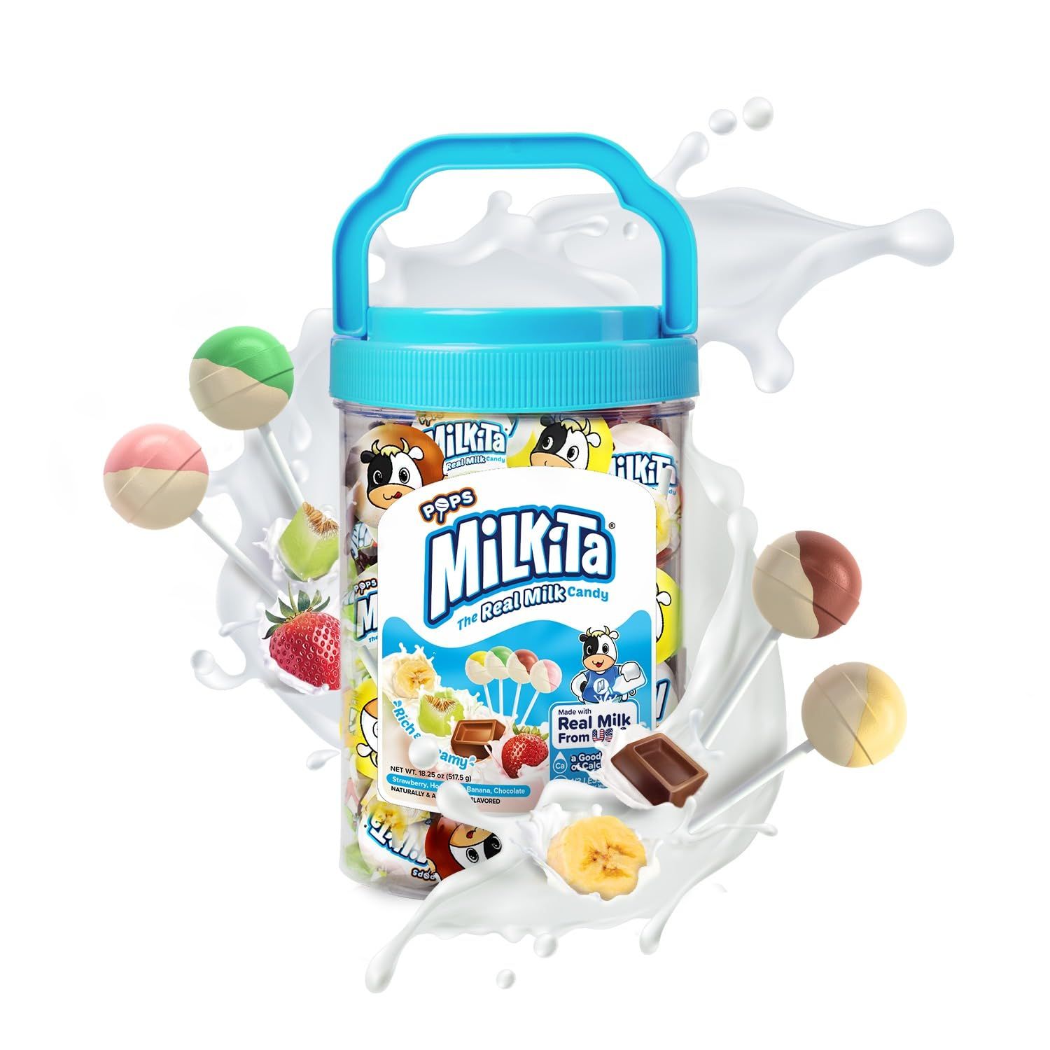 Milkita Creamy Shake Lollipop Jar, Gluten Free Chewy Candies with Calcium &amp; Real Milk, Low-Sugar, Assorted Flavors (Strawberry, Chocolate, Honeydew, Banana), 45 Pcs