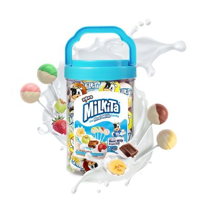 Milkita Creamy Shake Lollipop Jar, Gluten Free Chewy Candies with Calcium &amp; Real Milk, Low-Sugar, Assorted Flavors (Strawberry, Chocolate, Honeydew, Banana), 45 Pcs