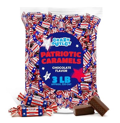 Patriotic Candy 3 Pounds - Chocolate Flavored Caramels - USA Flag Colors Taffies - Bulk Pack (220 Count) - Independence Day Chews