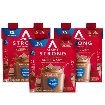 Atkins Strong High Protein Shake, Milk Chocolate, 30g Protein, 7g Prebiotic Fiber, Muscle &amp; Gut Health Support Complex, 12 Count