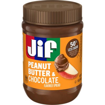 Jif Peanut Butter &amp; Chocolate, 15 Ounce (Pack of 12), Less Sugar, Thick &amp; Creamy Texture