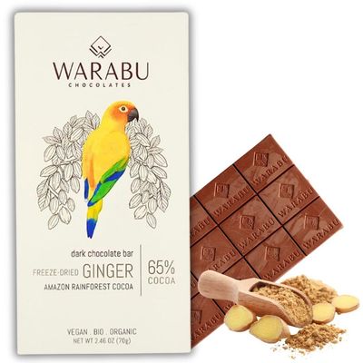 Warabu Organic Dark Chocolate Bar - Ginger 65% Amazon Rainforest cocoa | Bean to Bar | Vegan, Gluten-Free, Lactose-Free, GMO-Free | USDA Organic Certified | 2.46 oz (1-Bar)