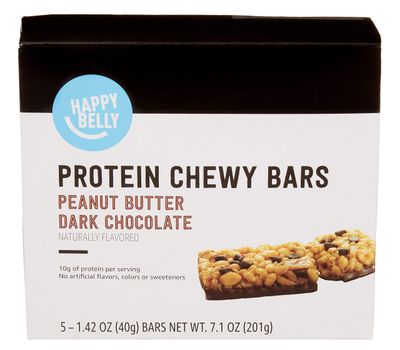 Amazon Brand - Happy Belly Protein Chewy Bars Peanut Butter &amp; Dark Chocolate, 5 Count