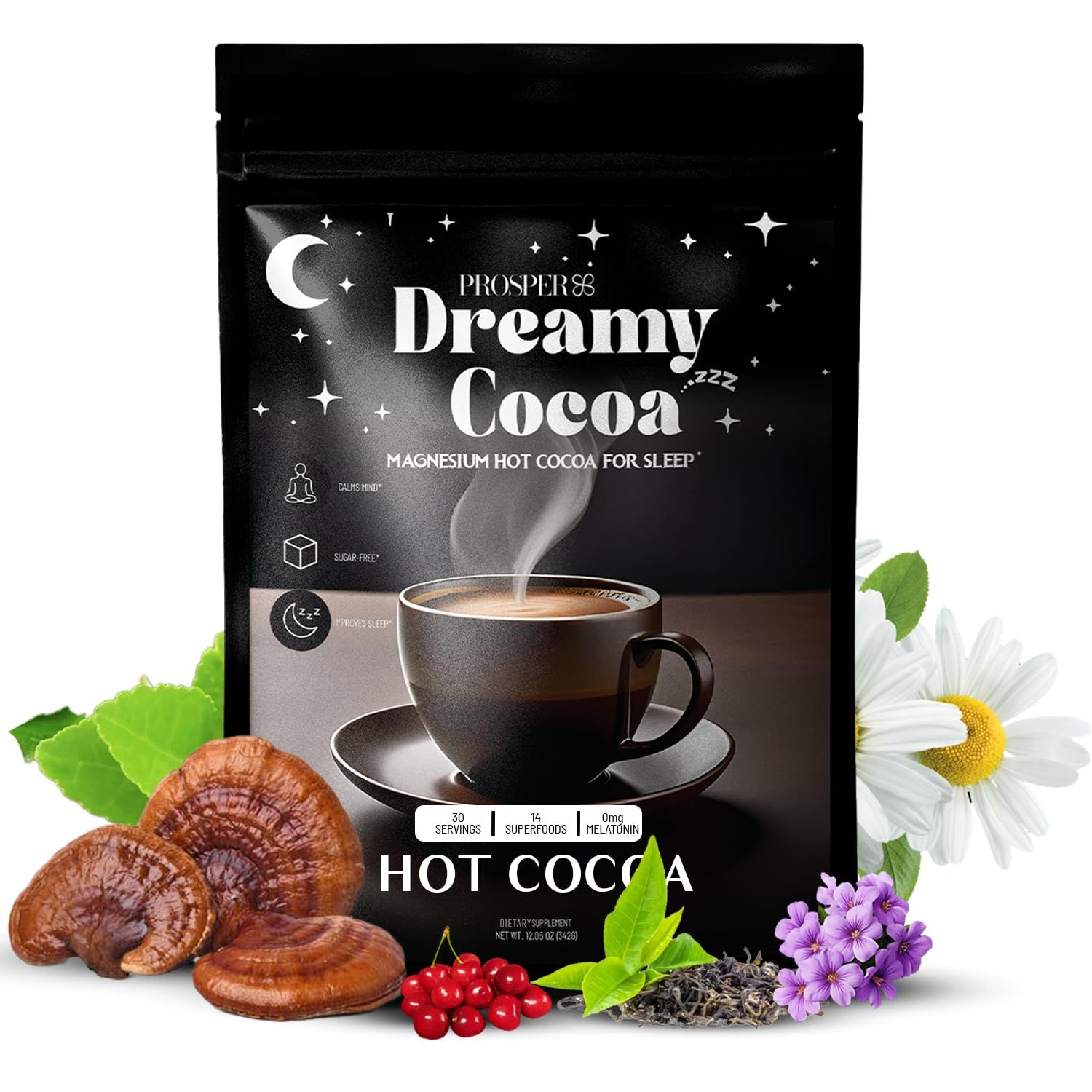 Prosper Magnesium Hot Cocoa - Organic Melatonin &amp; Sugar Free Cocoa - Sleep Aid with Adaptogens - 14 Superfoods, Non Dairy, Keto &amp; vegan Organic Hot Cocoa - Caffeine Free Hot Chocolate- 30 Servings