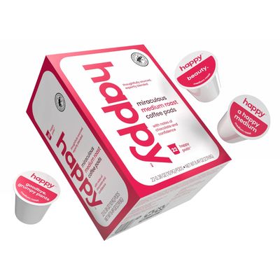 happy coffee medium roast coffee pods, 22 count, notes of chocolate &amp; confidence, compatible with most K-cup brewers, rainforest alliance certified