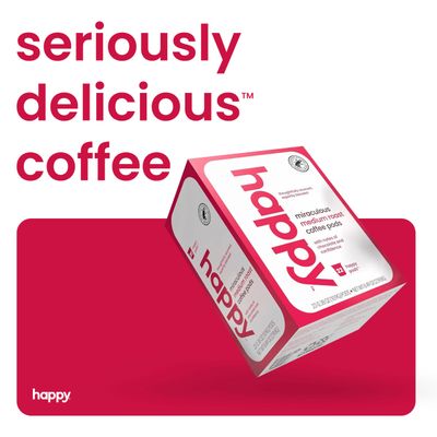 happy coffee medium roast coffee pods, 22 count, notes of chocolate &amp; confidence, compatible with most K-cup brewers, rainforest alliance certified