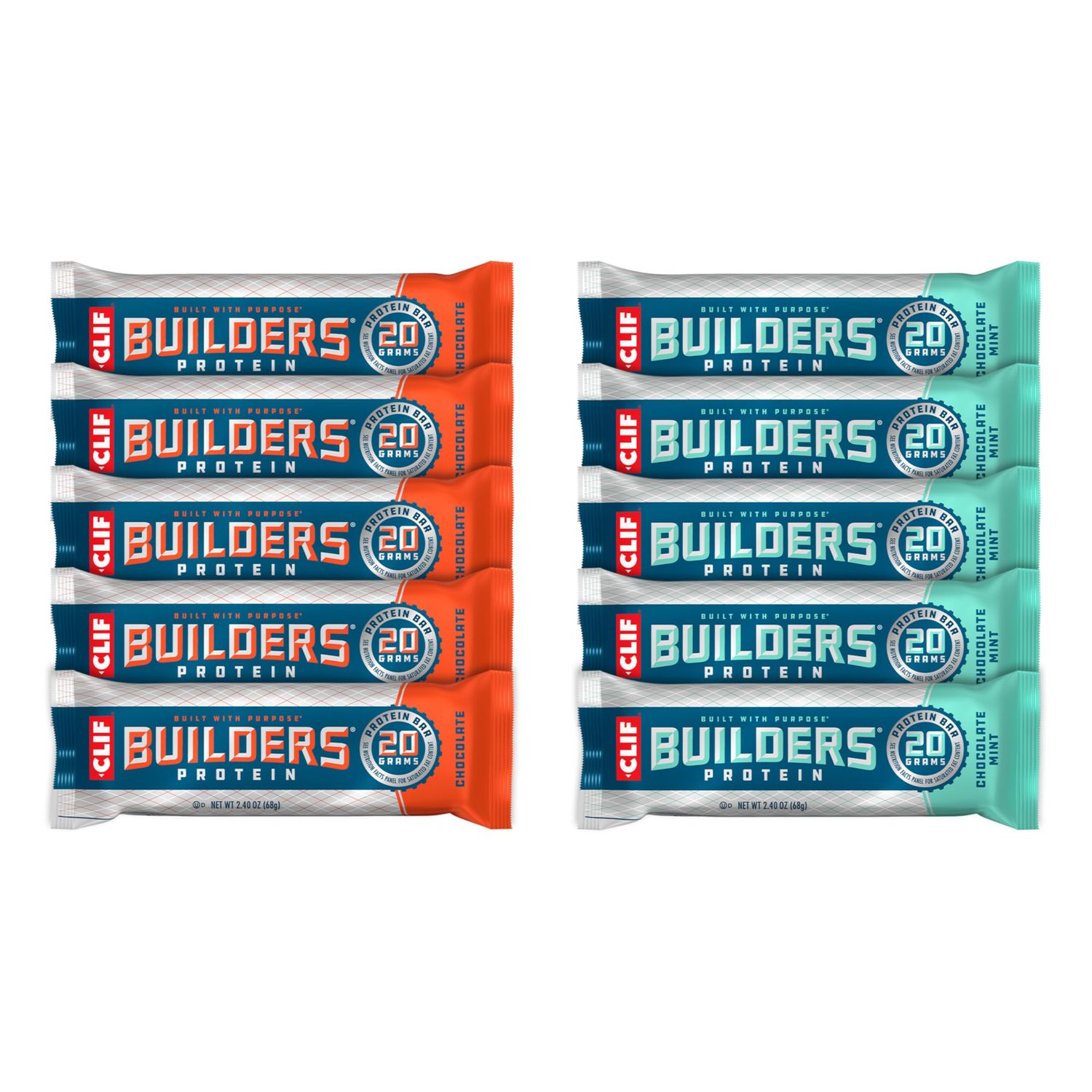 CLIF Builders - Chocolate Mint and Chocolate Flavor - Variety Pack - Plant Based Protein Bars - Gluten Free - Non-GMO - Low Glycemic - 20g Protein - 2.4 oz. (10 Count)