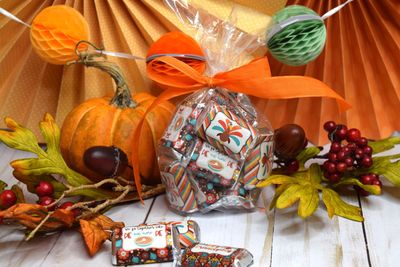 Thanksgiving with Friends Friendsgiving Themed Mini Chocolate Candy Bar Sticker Wrappers, 45 1.4 x 2.6 Wrap Around Labels by AmandaCreation, Great for Party Favors