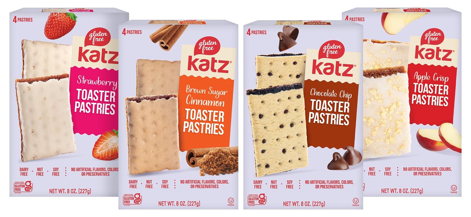 Katz Gluten Free Snacks Toaster Pastries Variety Pack Apple Crisp, Cinnamon, Chocolate Chip &amp; Strawberry. Gluten Free. Dairy Free, Nut Free, Peanut Free, Soy Free. 8 OZ. (Pack Of 4)