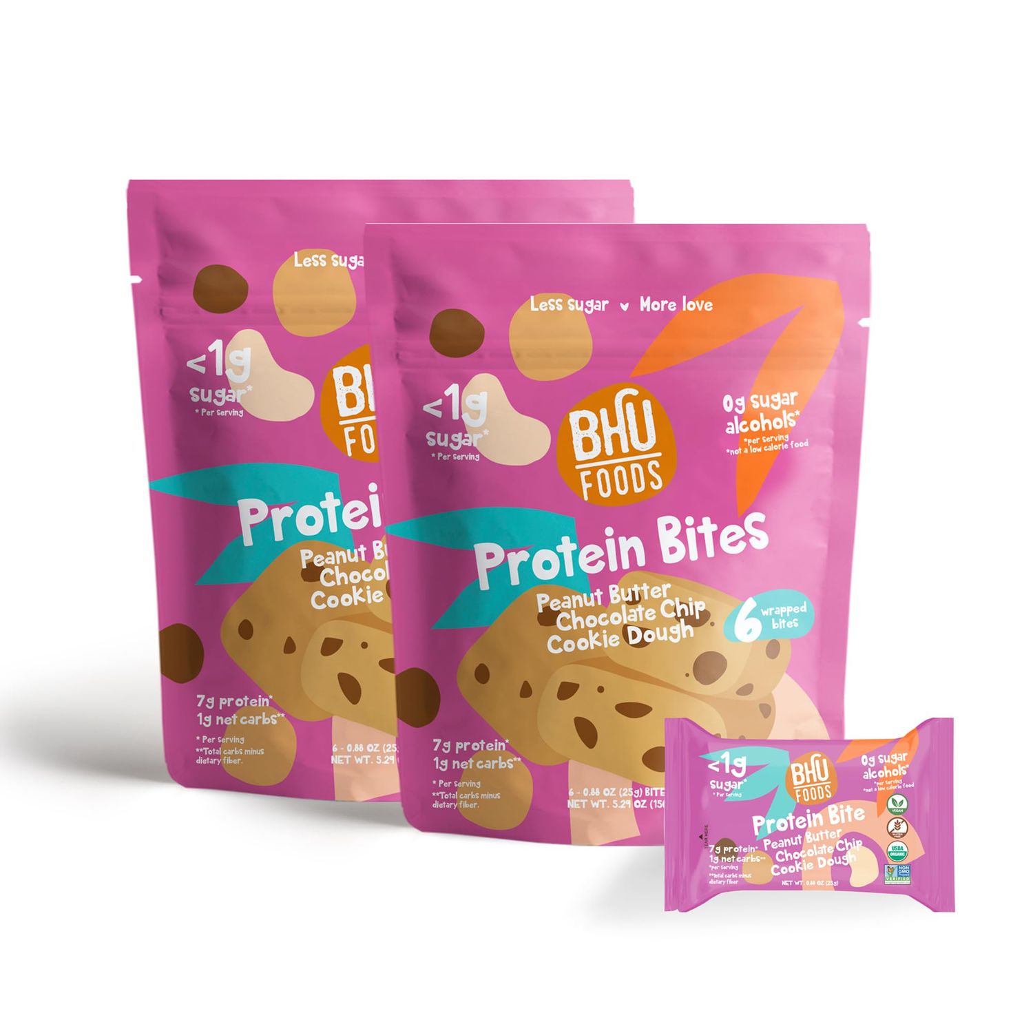 Bhu Foods Keto Bites - Peanut Butter Chocolate Chip Cookie Dough | Organic Keto Snacks for Adults &amp; Kids | Gluten Free, Vegan, Low Carb, Low Sugar | Individually Wrapped Protein Bites (2 Pack)
