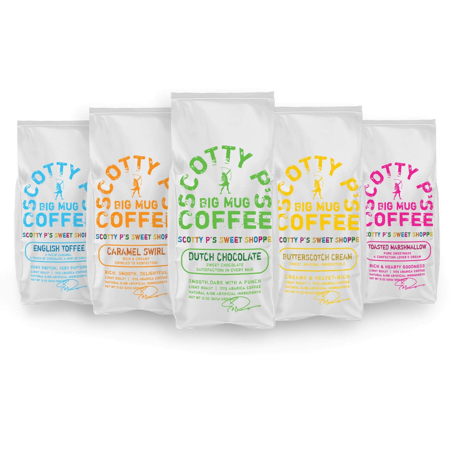 Scotty P&#39;s Sweet Shoppe Coffee Sampler - Ground Coffee 5 pack (Butterscotch Cream, Dutch Chocolate, Caramel Swirl, Toasted Marshmallow, English Toffee)