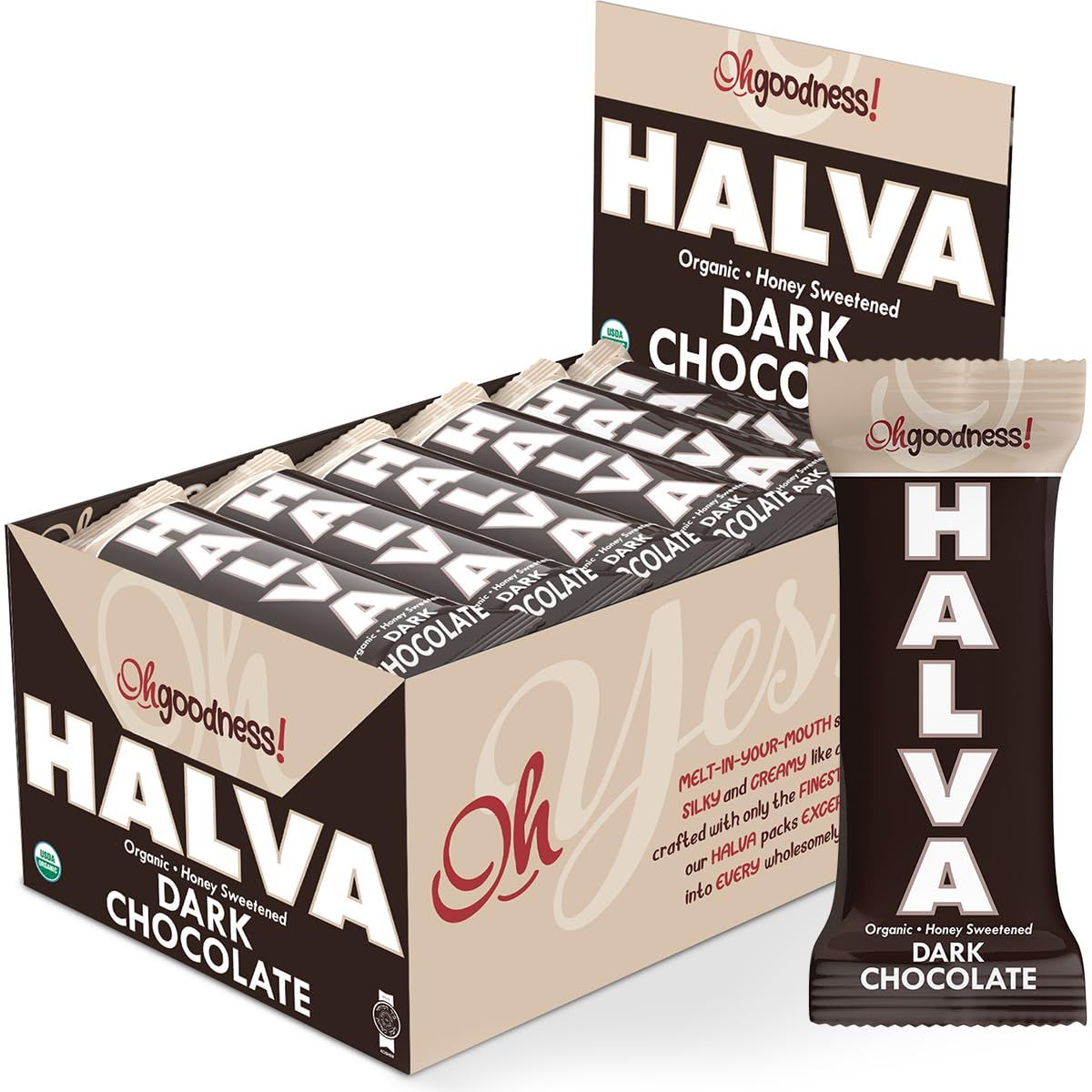 Oh, Goodness! Organic Halva Bars - Paleo Approved - No Additives, Refined-Sugar, or Artificial Sweeteners - 40g Each - 16 Pack (Dark Chocolate)