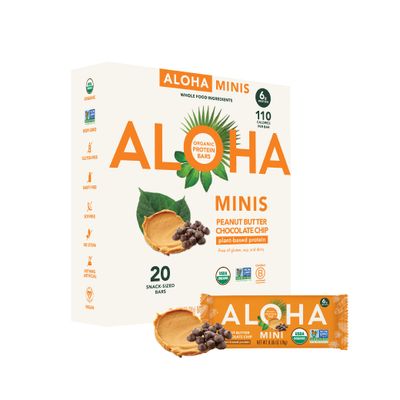 ALOHA Organic Plant Based Protein Bar MINIS |Peanut Butter Chocolate Chip | 20 Count, 24g Bars | Vegan, Low Sugar, Gluten Free, Low Carb, Non-GMO, Stevia Free, Soy Free, No Sugar Alcohols