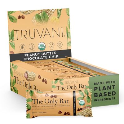 Truvani Plant Based Snack Bar | Peanut Butter Chocolate Chip 12 Pack | 8g Protein | USDA Organic and Vegan | The Only Bar | Dairy, Soy, and Gluten Free | Individually Wrapped