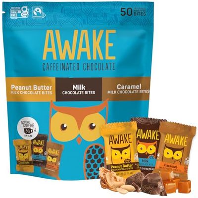 AWAKE - Caffeinated Chocolate Bites - Variety Pack (3 Flavors), 50 Bites - Peanut Butter, Milk, &amp; Caramel - 50mg Caffeine - Energy Bites - Coffee Alternative - Fairtrade, Gluten Free, Non GMO - 0.48oz