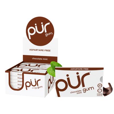 PUR Gum | Aspartame Free Chewing Gum | 100% Xylitol | Natural Chocolate Mint Flavored Gum, 9 Pieces (Pack of 12)